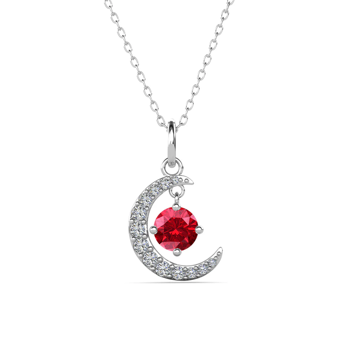 Luna July Birthstone Ruby Necklace 18k White Gold Plated Crescent Pendant Necklace with Round Cut Swarovski Crystals