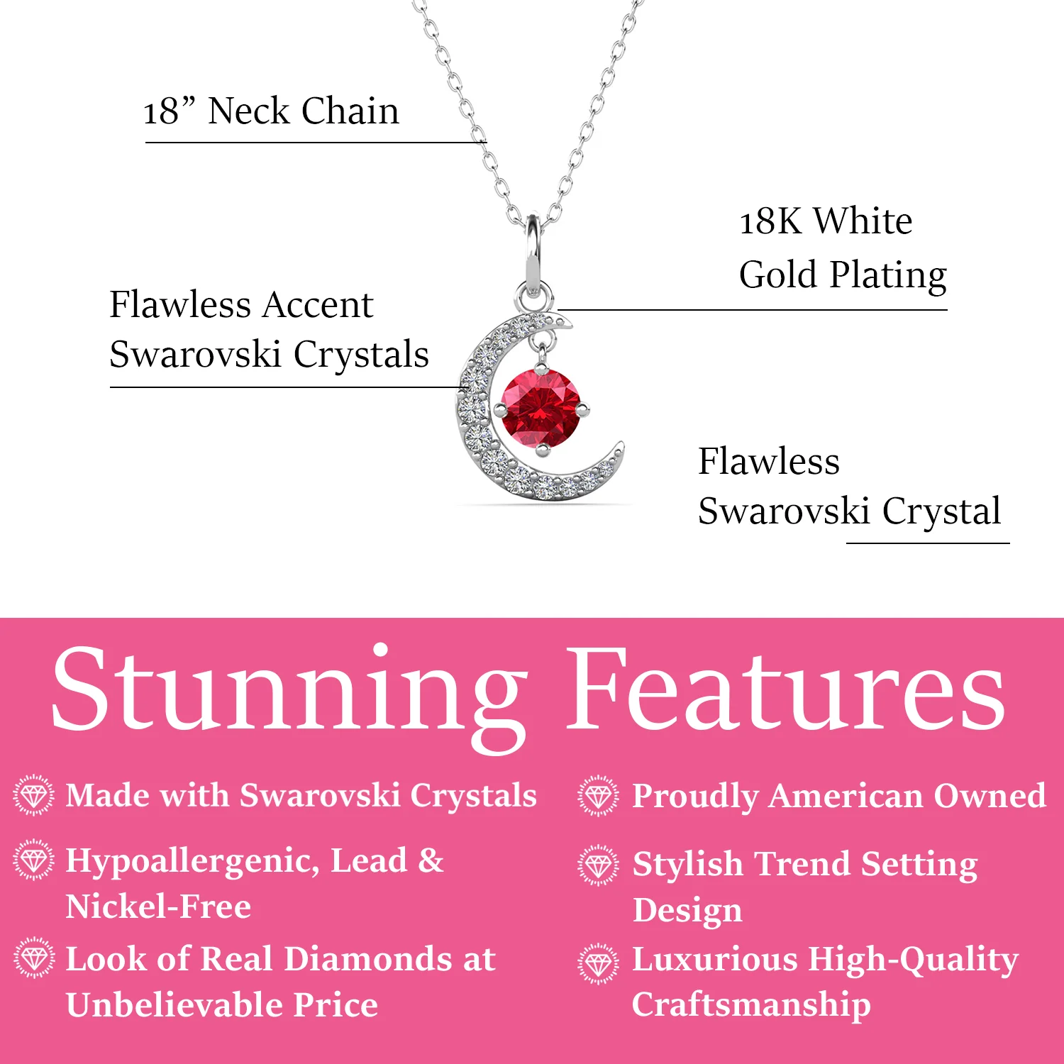 Luna July Birthstone Ruby Necklace 18k White Gold Plated Crescent Pendant Necklace with Round Cut Swarovski Crystals - Image 3