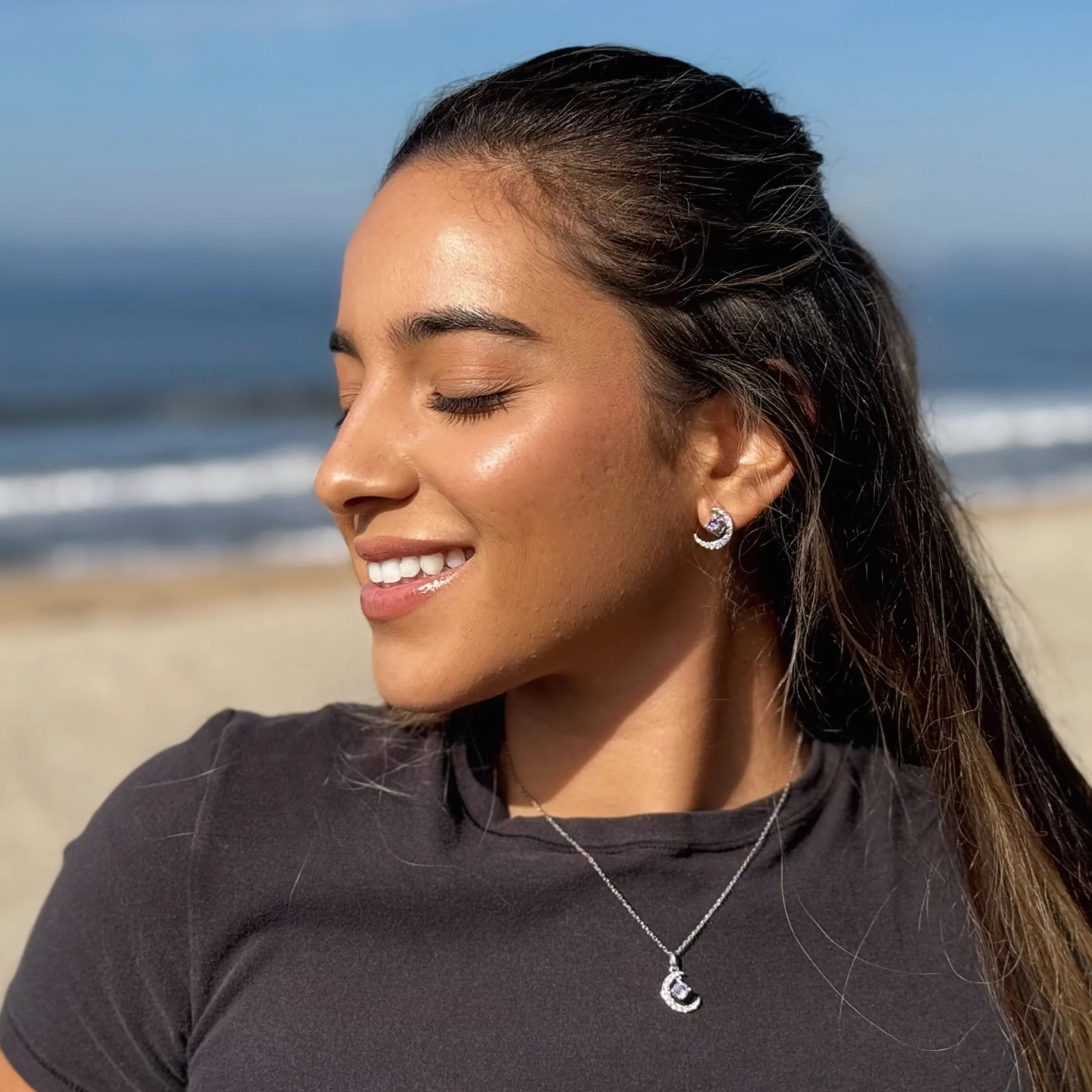 Luna July Birthstone Ruby Necklace 18k White Gold Plated Crescent Pendant Necklace with Round Cut Swarovski Crystals - Image 6