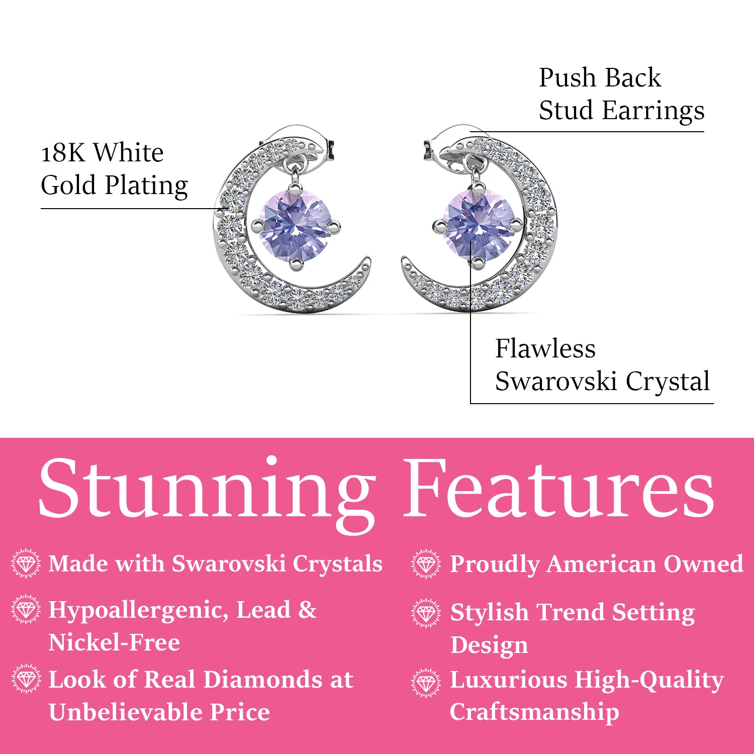 Luna June Birthstone Alexandrite Earrings 18k White Gold Plated Crescent Stud Earrings with Round Cut Swarovski Crystals - Image 3