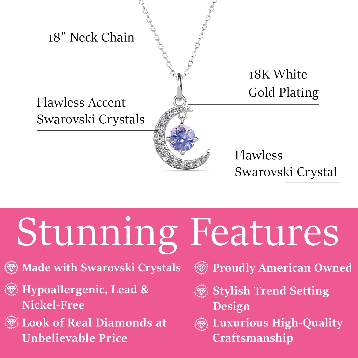 Luna June Birthstone Alexandrite Necklace 18k White Gold Plated Crescent Pendant Necklace with Round Cut Swarovski Crystals - Image 3