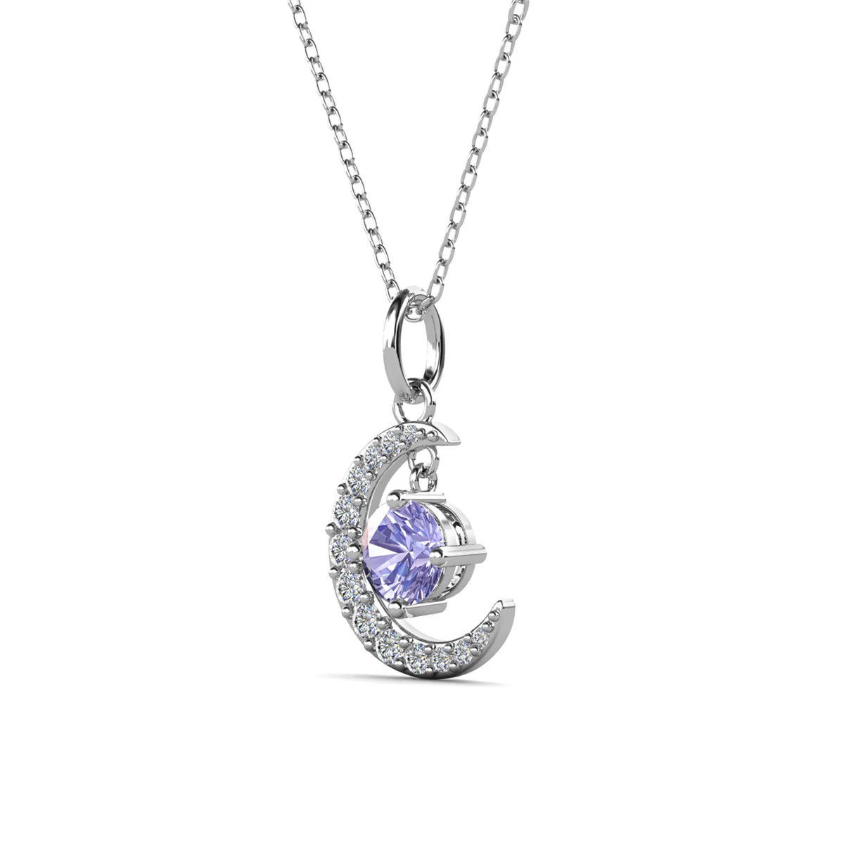 Luna Birthstone Necklace 18k White Gold Plated Crescent Pendant Necklace with Round Cut Swarovski Crystals - Image 22