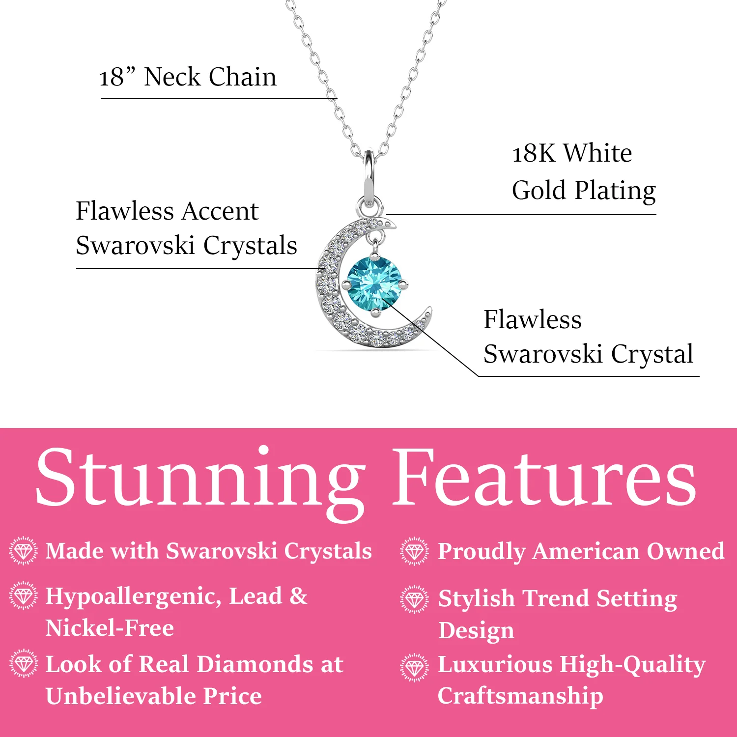 Luna March Birthstone Aquamarine Necklace 18k White Gold Plated Crescent Pendant Necklace with Round Cut Swarovski Crystals - Image 3
