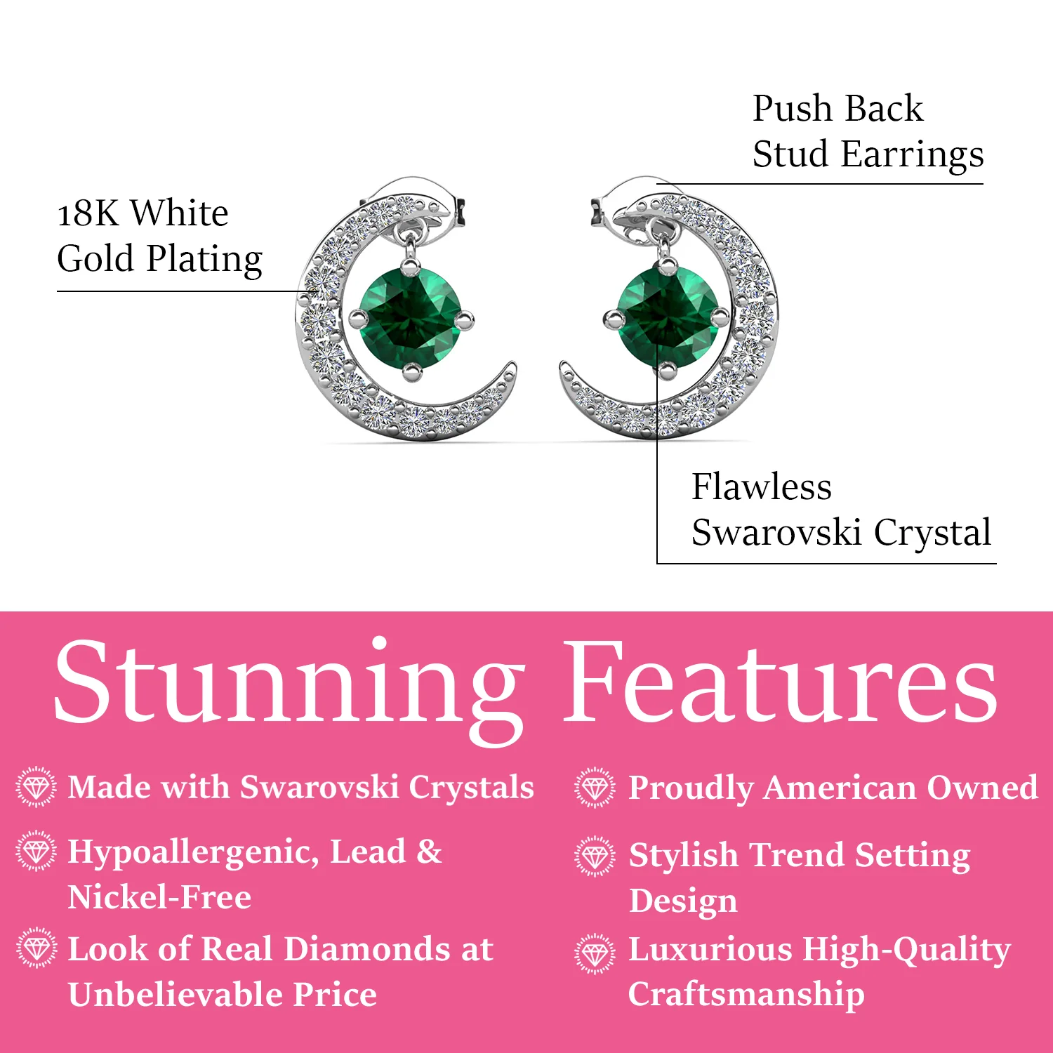 Luna May Birthstone Emerald Earrings 18k White Gold Plated Crescent Stud Earrings with Round Cut Swarovski Crystals - Image 3