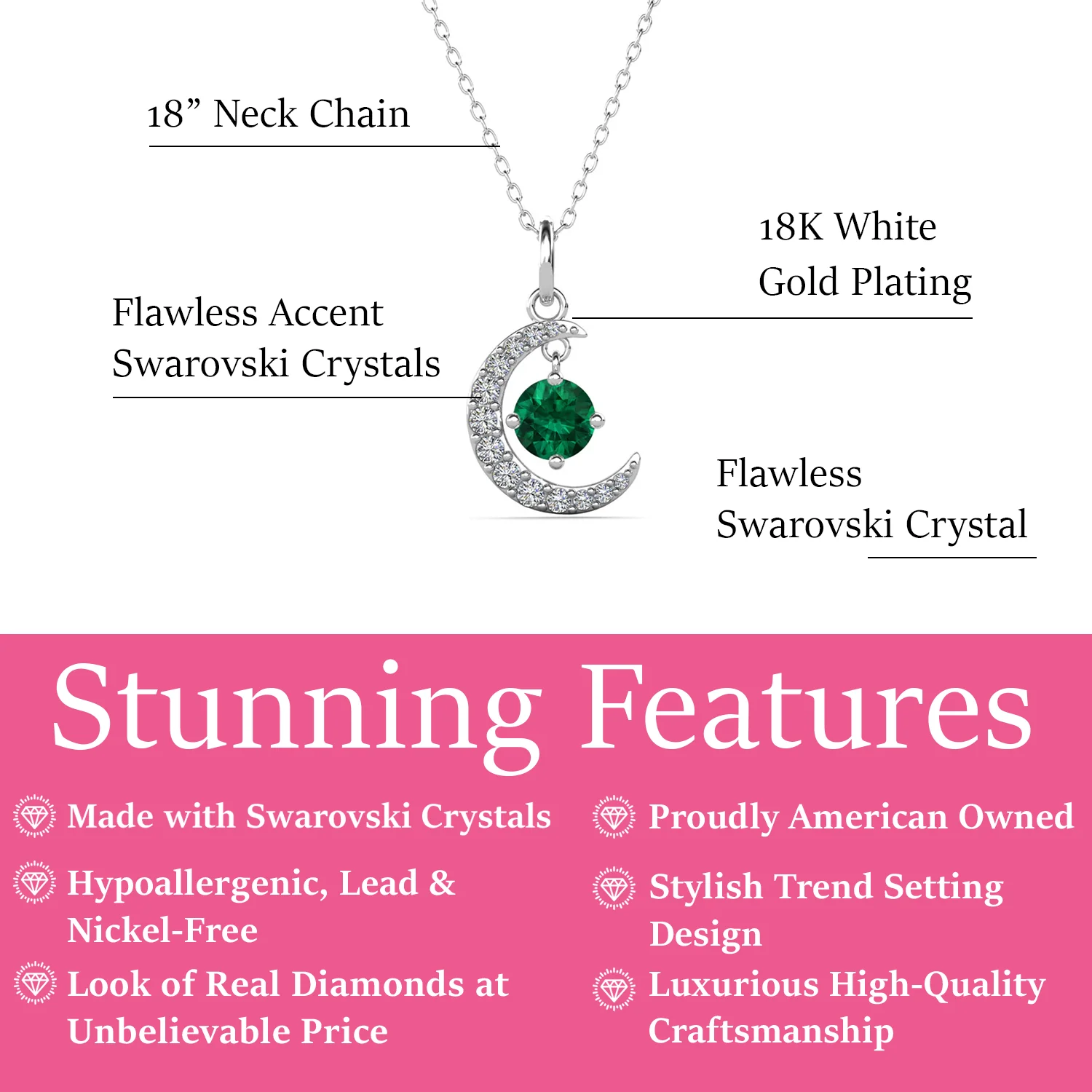 Luna May Birthstone Emerald Necklace 18k White Gold Plated Crescent Pendant Necklace with Round Cut Swarovski Crystals - Image 3