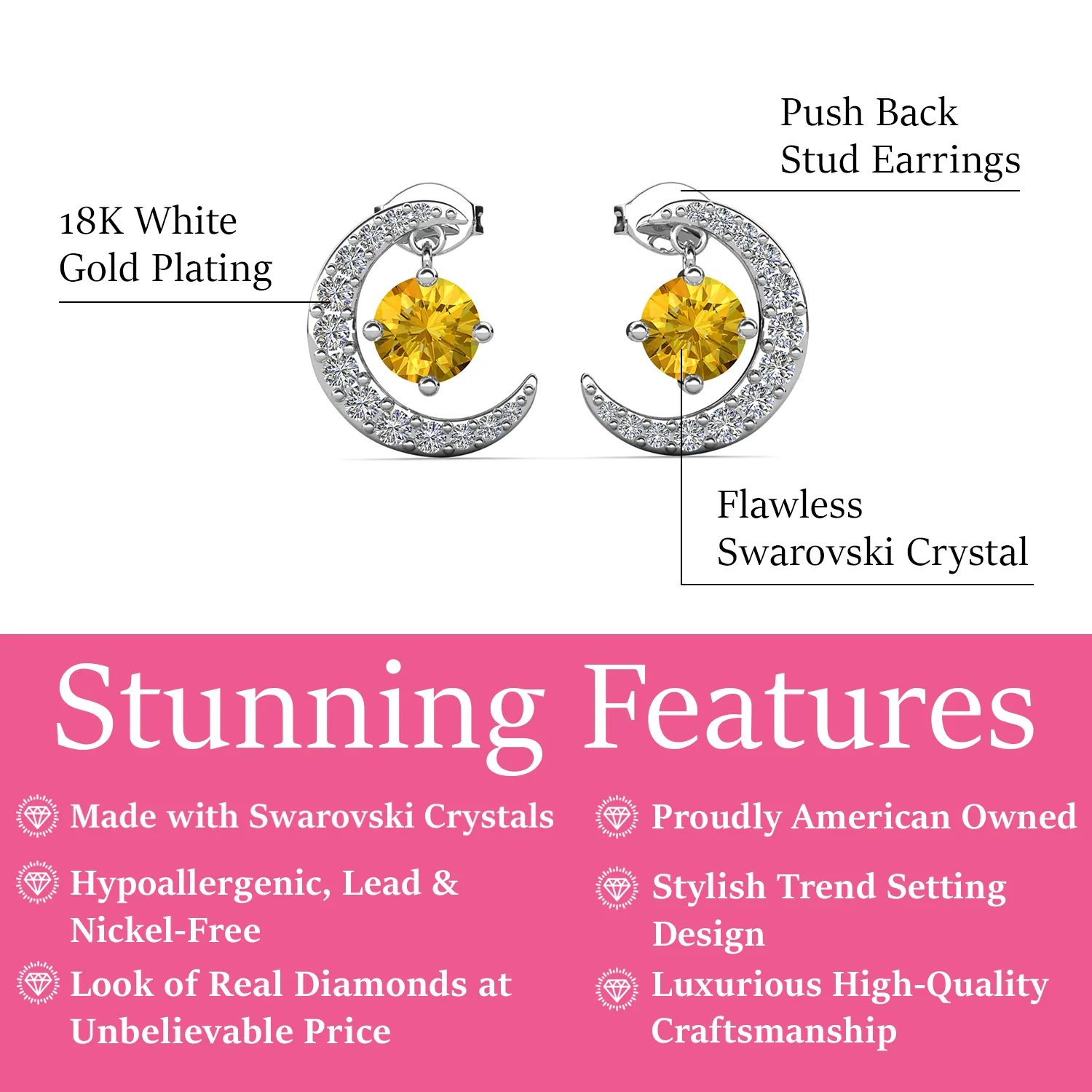 Luna  November Birthstone Citrine Earrings 18k White Gold Plated Crescent Stud Earrings with Round Cut Swarovski Crystals - Image 3