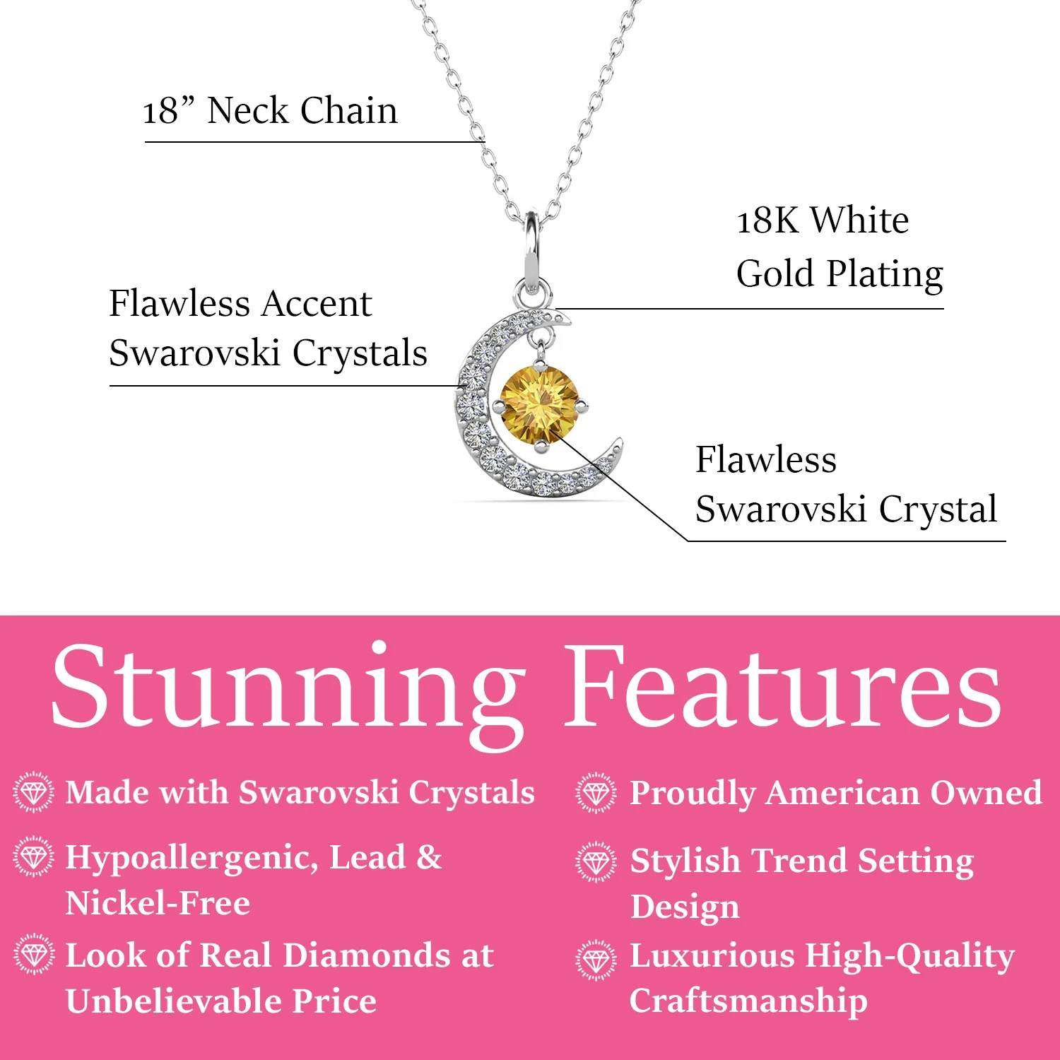 Luna November Birthstone Citrine Necklace 18k White Gold Plated Crescent Pendant Necklace with Round Cut Swarovski Crystals - Image 3