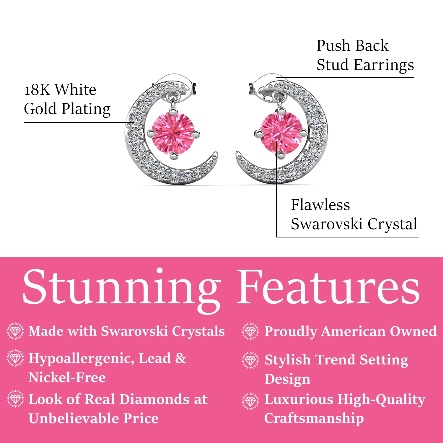 Luna October Birthstone Pink Tourmaline Earrings 18k White Gold Plated Crescent Stud Earrings with Round Cut Swarovski Crystals - Image 3