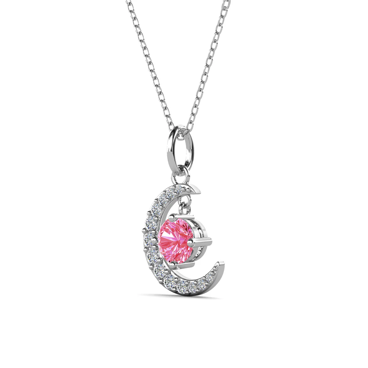 Luna Birthstone Necklace 18k White Gold Plated Crescent Pendant Necklace with Round Cut Swarovski Crystals - Image 34