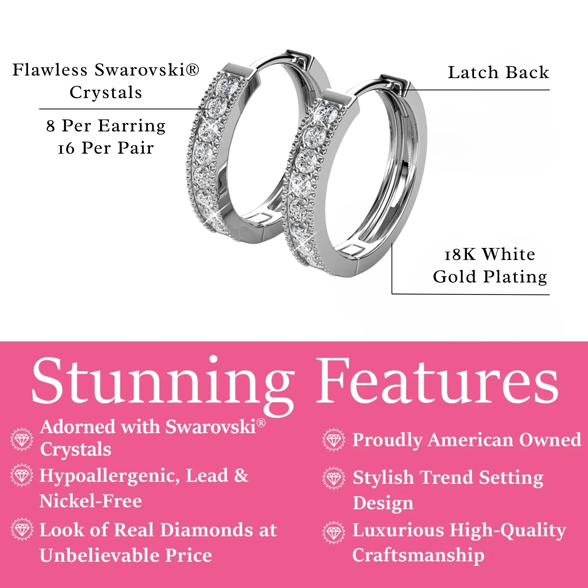 Lydia 18k White Gold Plated 16mm Hoop Earrings with Swarovski Crystals - Image 3