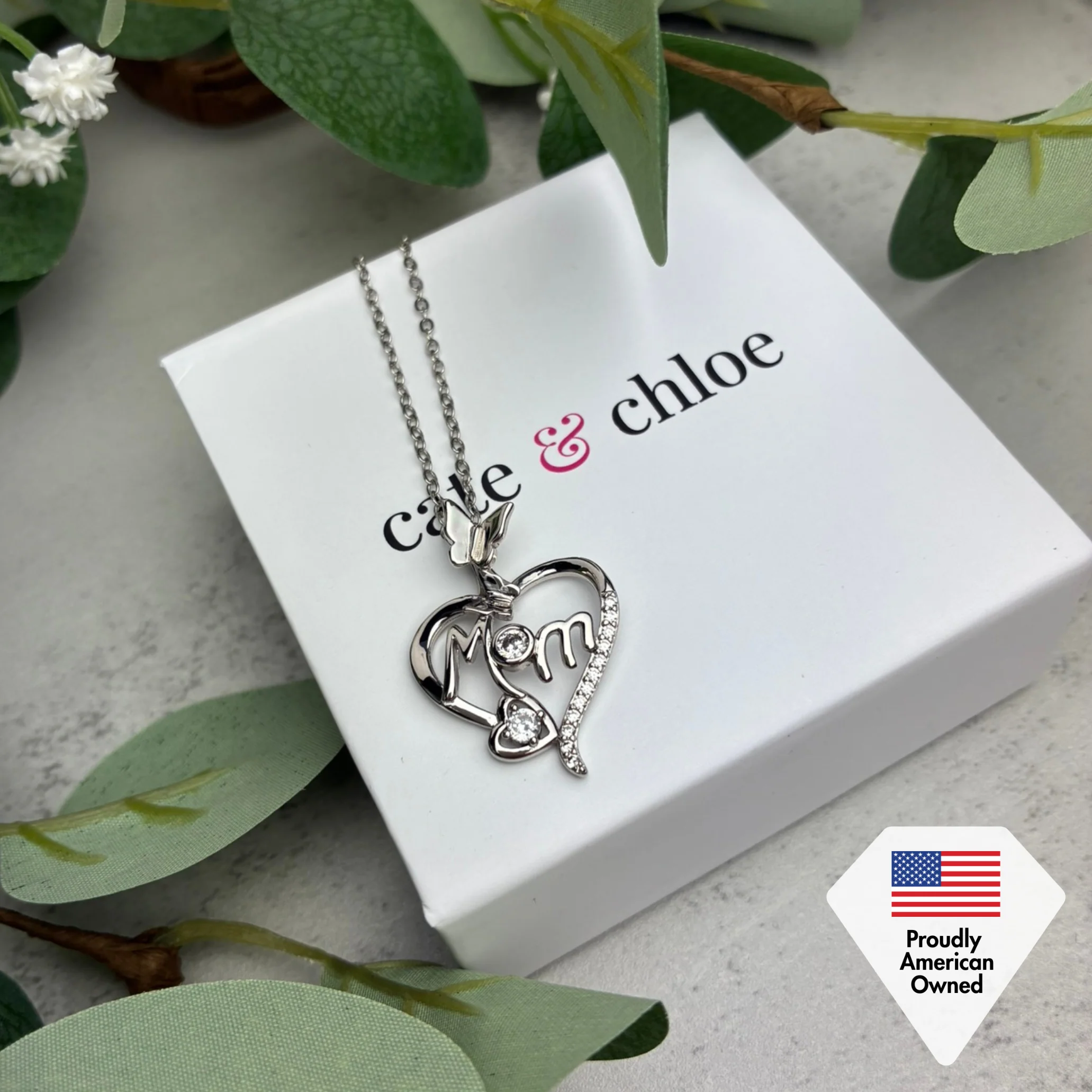 Mabel 18k White Gold Plated Mom Heart Pendant Necklace with Simulated Diamond Crystals - Image 6