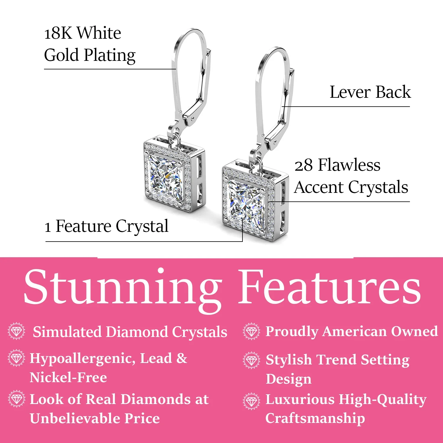 Maeve 18k White Gold Plated Drop Dangle Halo Earrings with Simulated Diamond Crystals - Image 3