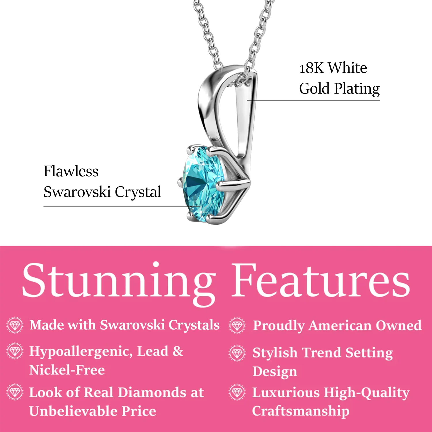 March Birthstone Aquamarine Necklace 18k White Gold Plated Solitaire Necklace with 1CT Swarovski Crystal - Image 3