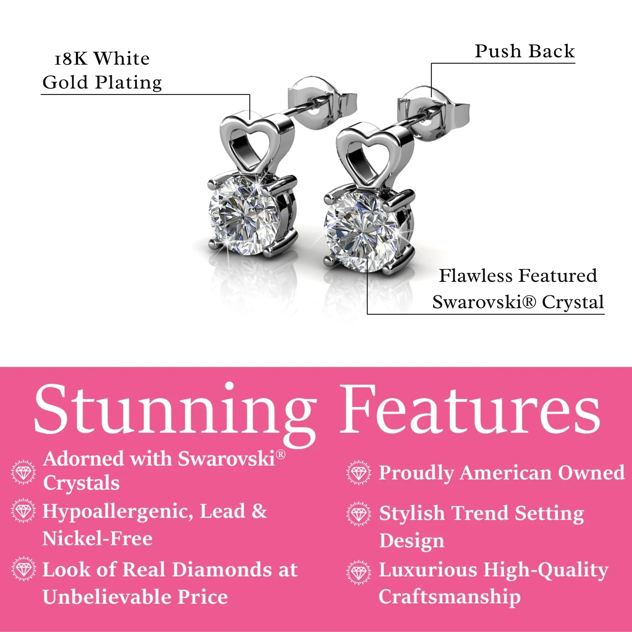 Marian 18k White Gold Heart Earrings with Round Cut Swarovski Crystal  — Final Sale - Image 3