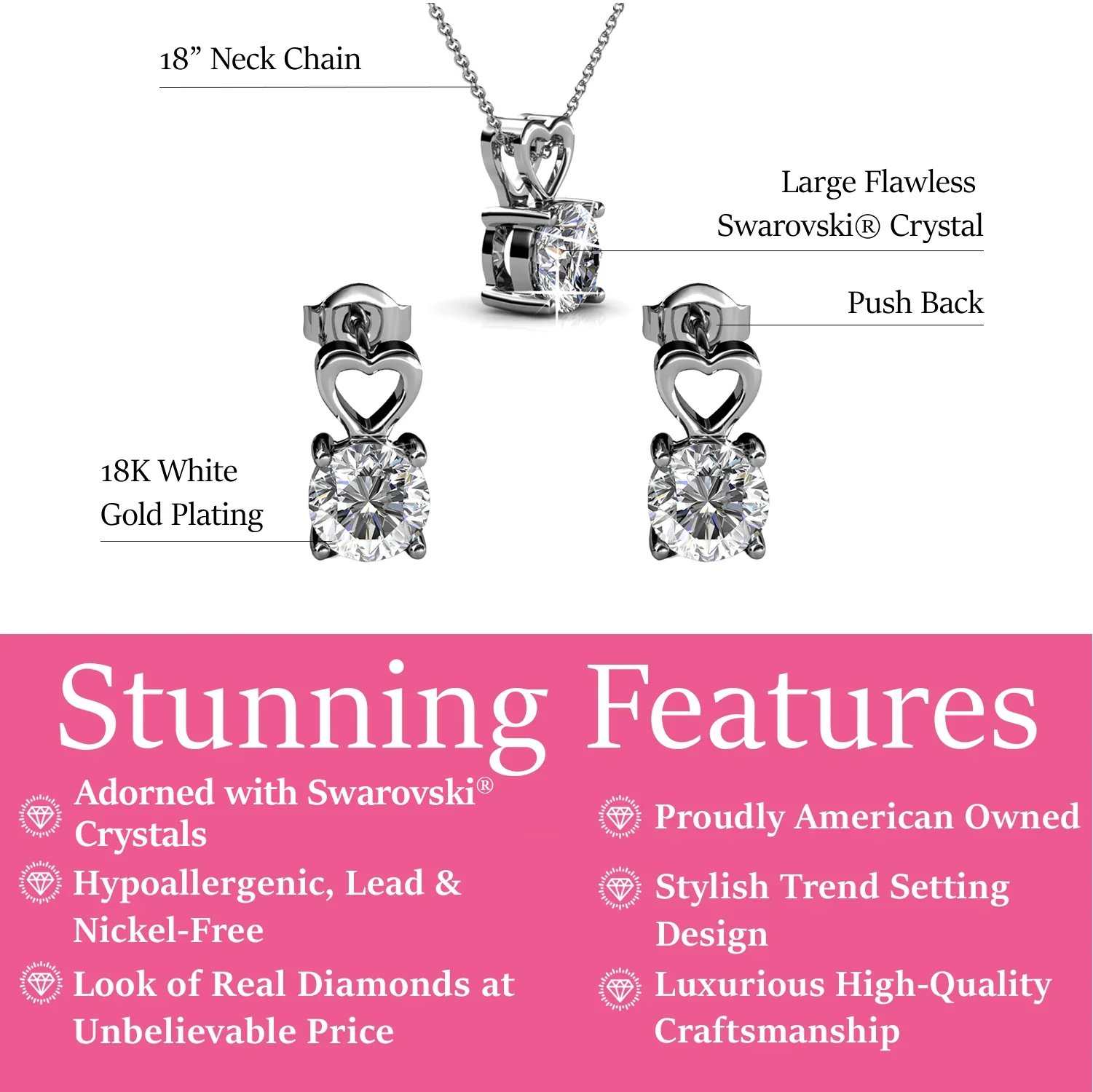 Marian 18k White Gold Necklace and Stud Earrings Jewelry Set with Swarovski Crystal - Image 3