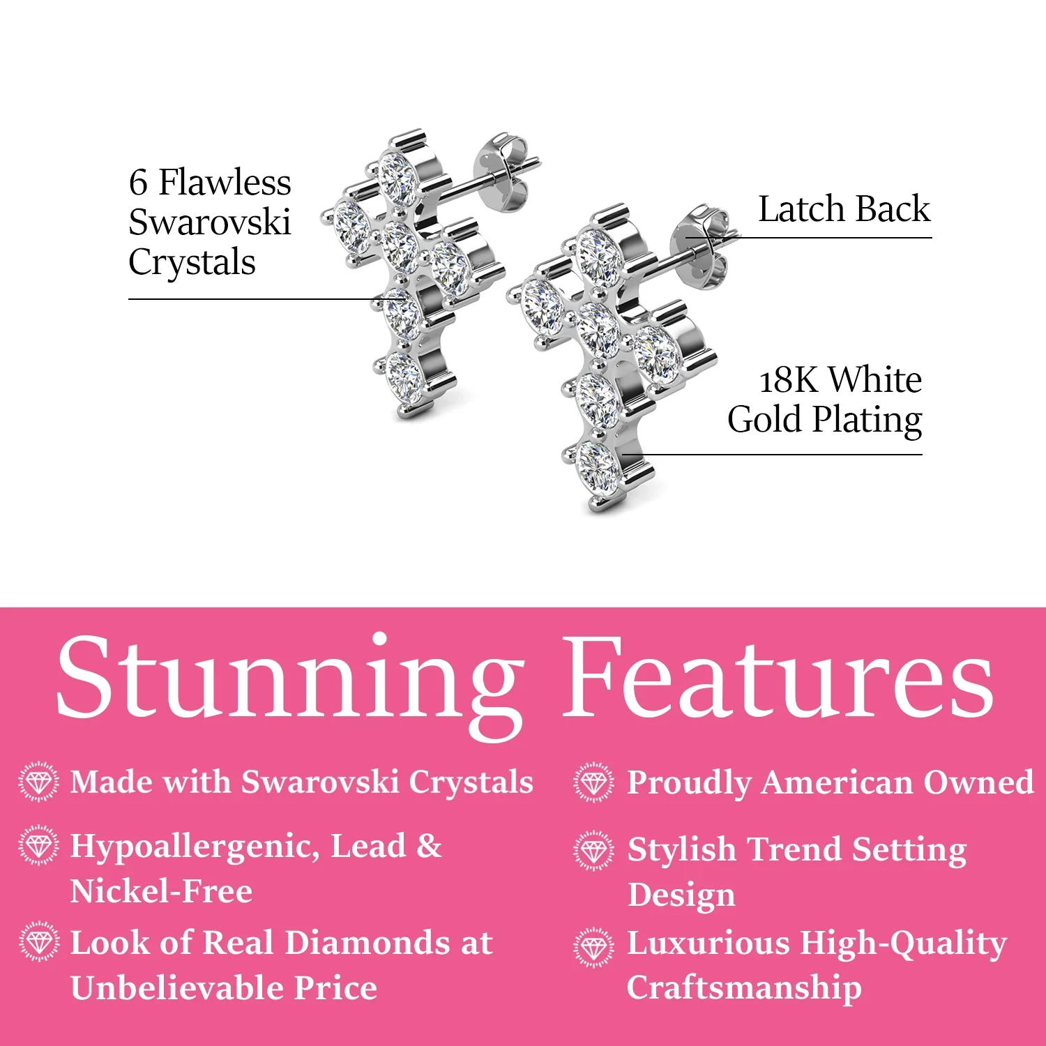 Marissa 18k White Gold Plated Cross Stud Earrings with Swarovski Crystals - Image 3
