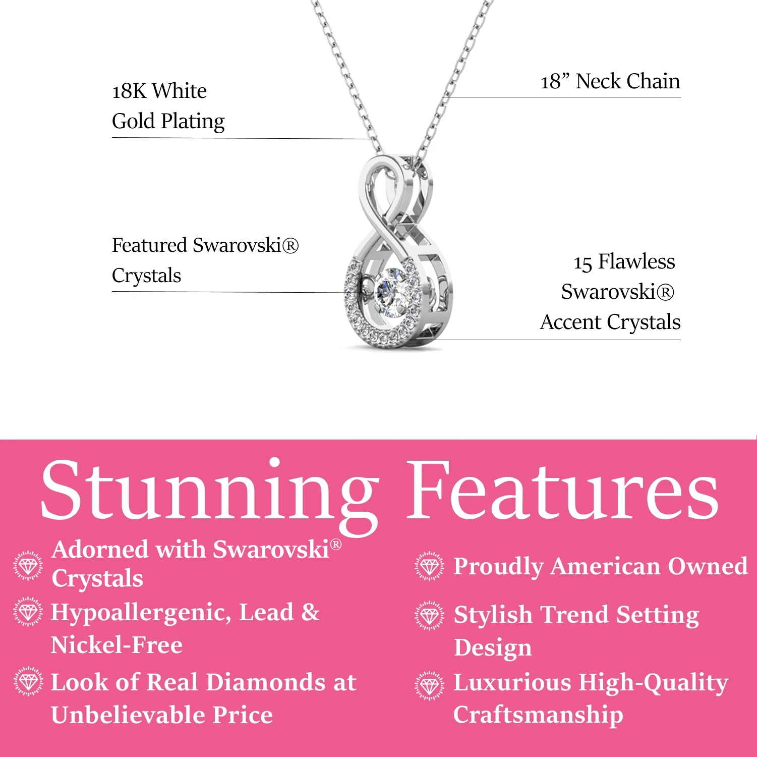 Martha 18k White Gold Plated Infinity Dancing Pendant Necklace with Swarovski Crystals - Image 3