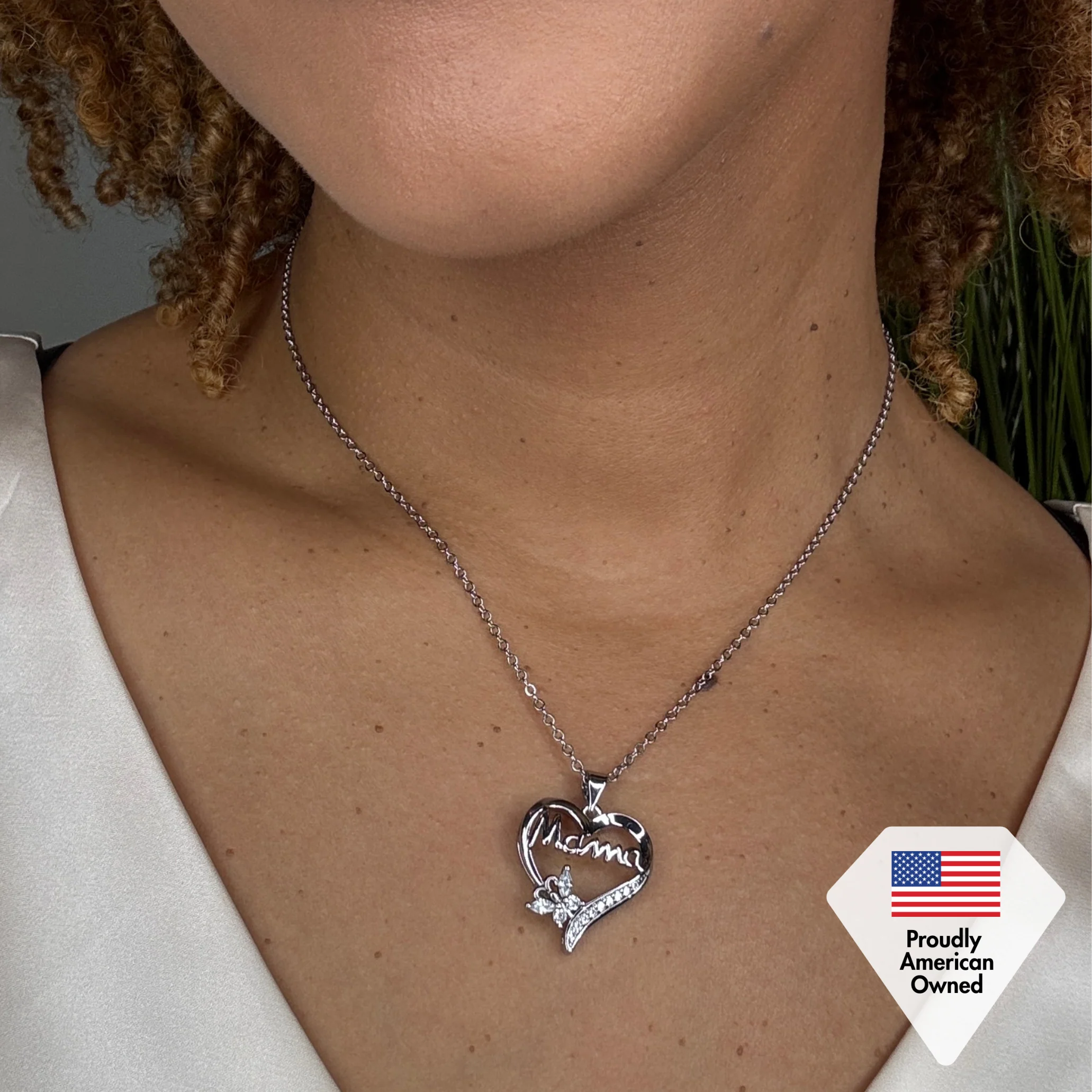 Mavis 18k White Gold Plated Mama Heart Pendant Necklace with Simulated Diamond Crystals - Image 6