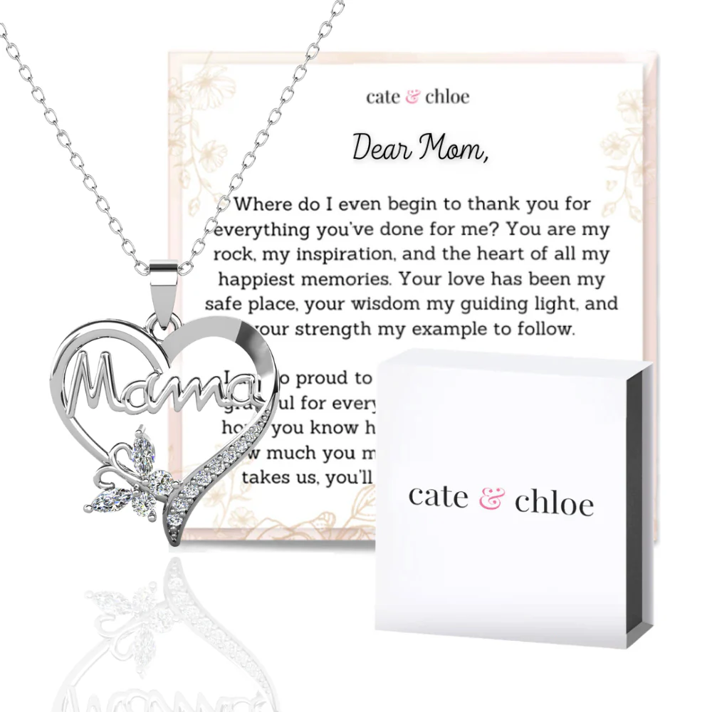 Mavis 18k White Gold Plated Mama Necklace with Swarovski Crystals & Heartfelt Message for Mom