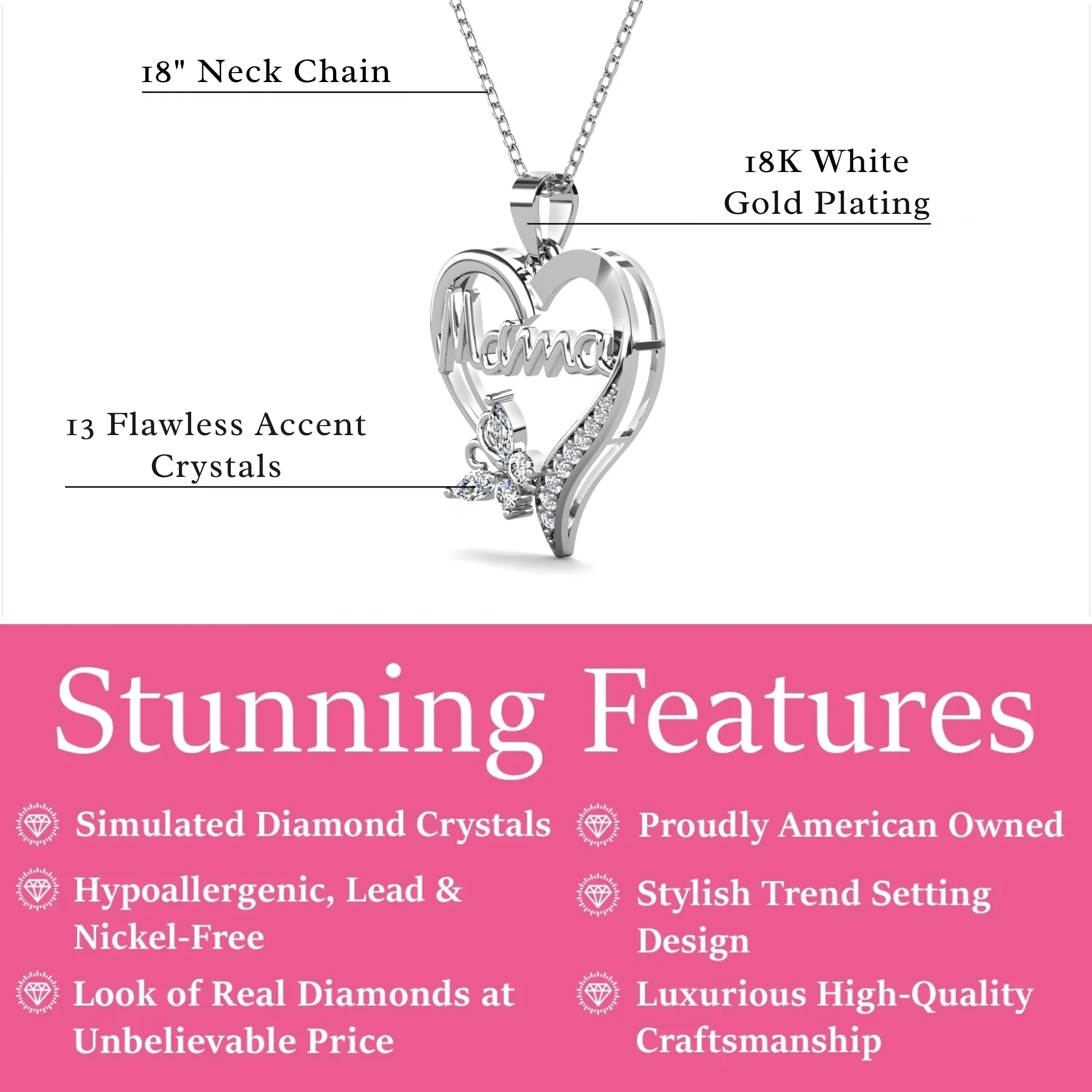 Mavis 18k White Gold Plated Mama Necklace with Swarovski Crystals & Heartfelt Message for Mom - Image 4