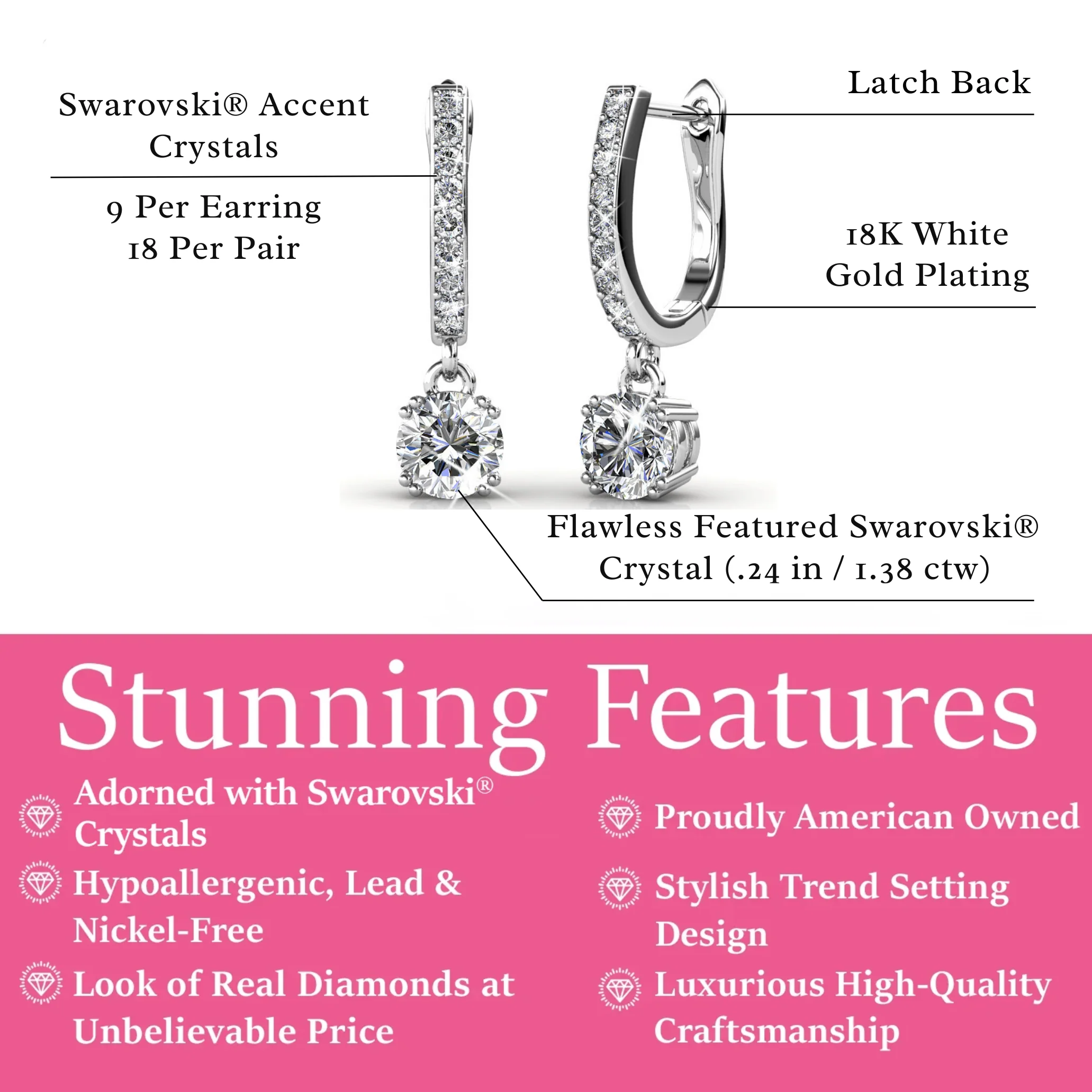 McKenzie 18k White Gold Plated Drop Dangle Earrings with Swarovski Crystals - Image 3