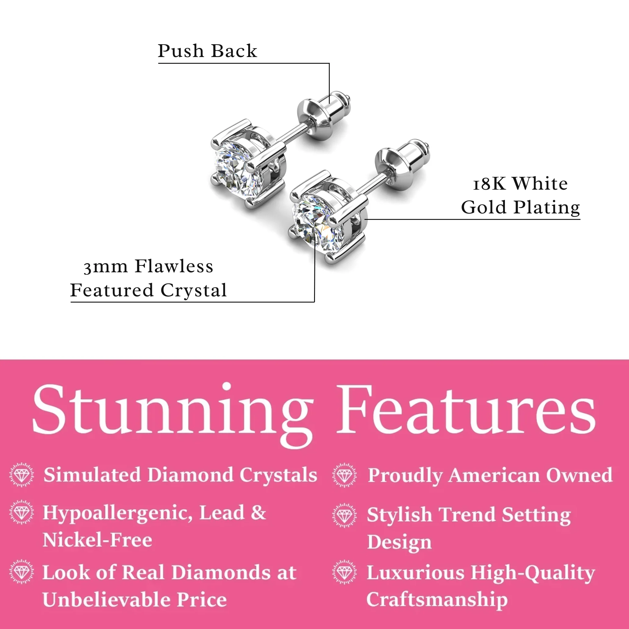 Mia 18k White Gold Plated Sterling Silver Stud Earrings with Simulated Diamond Crystals - Image 3