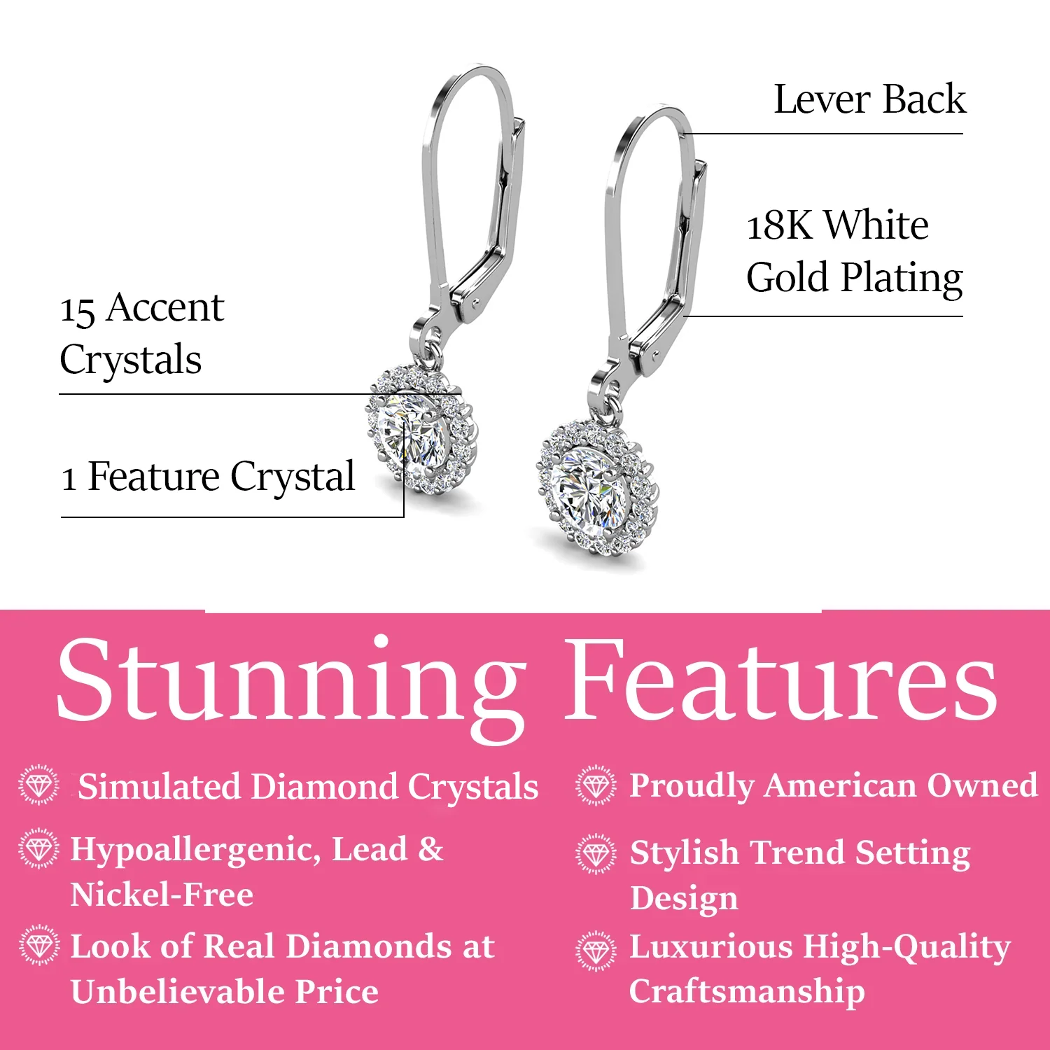 Michelle 18k White Gold Plated Halo Drop Earrings with Simulated Diamond Crystals - Image 3