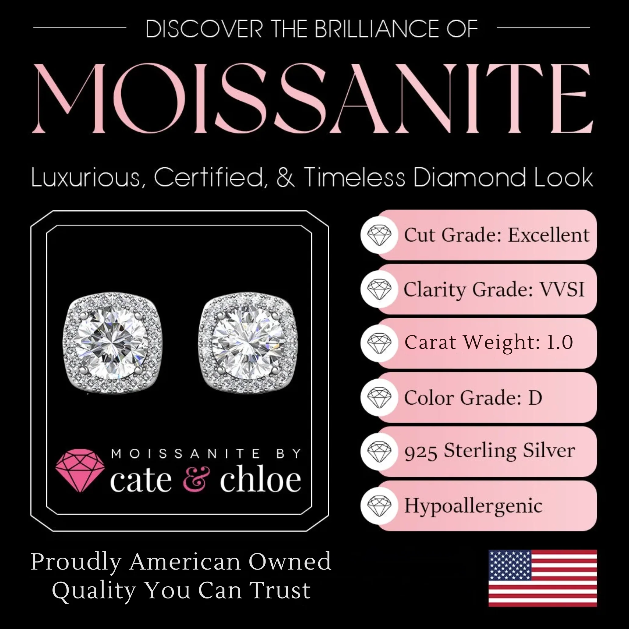 Moissanite by Cate & Chloe Hannah 18k Gold Plated 925 Sterling Silver Stud Earrings 1.16tcw - Image 3