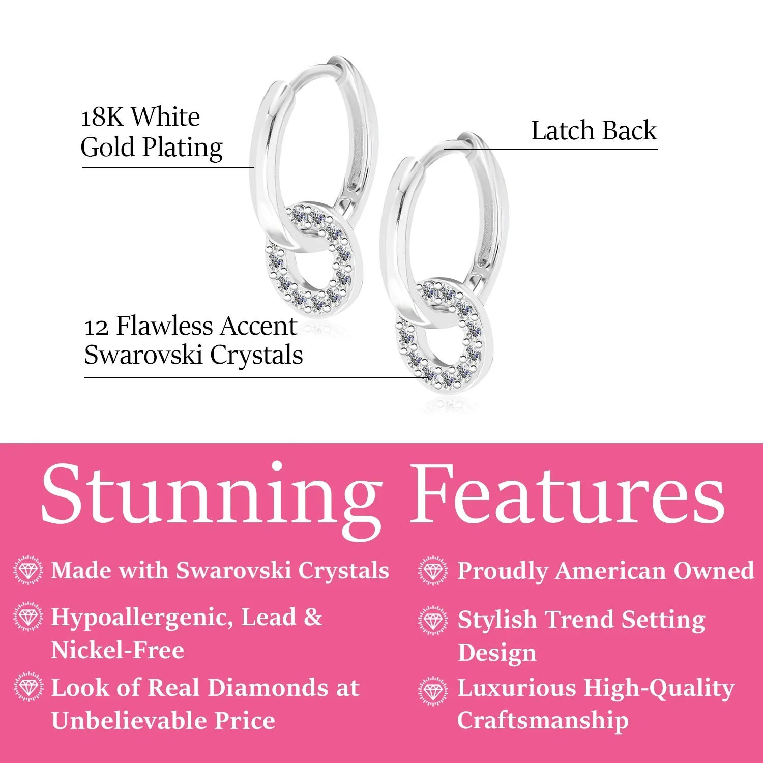 Nala 18k White Gold Plated 14mm Hoop Earrings with Swarovski Crystals - Image 3