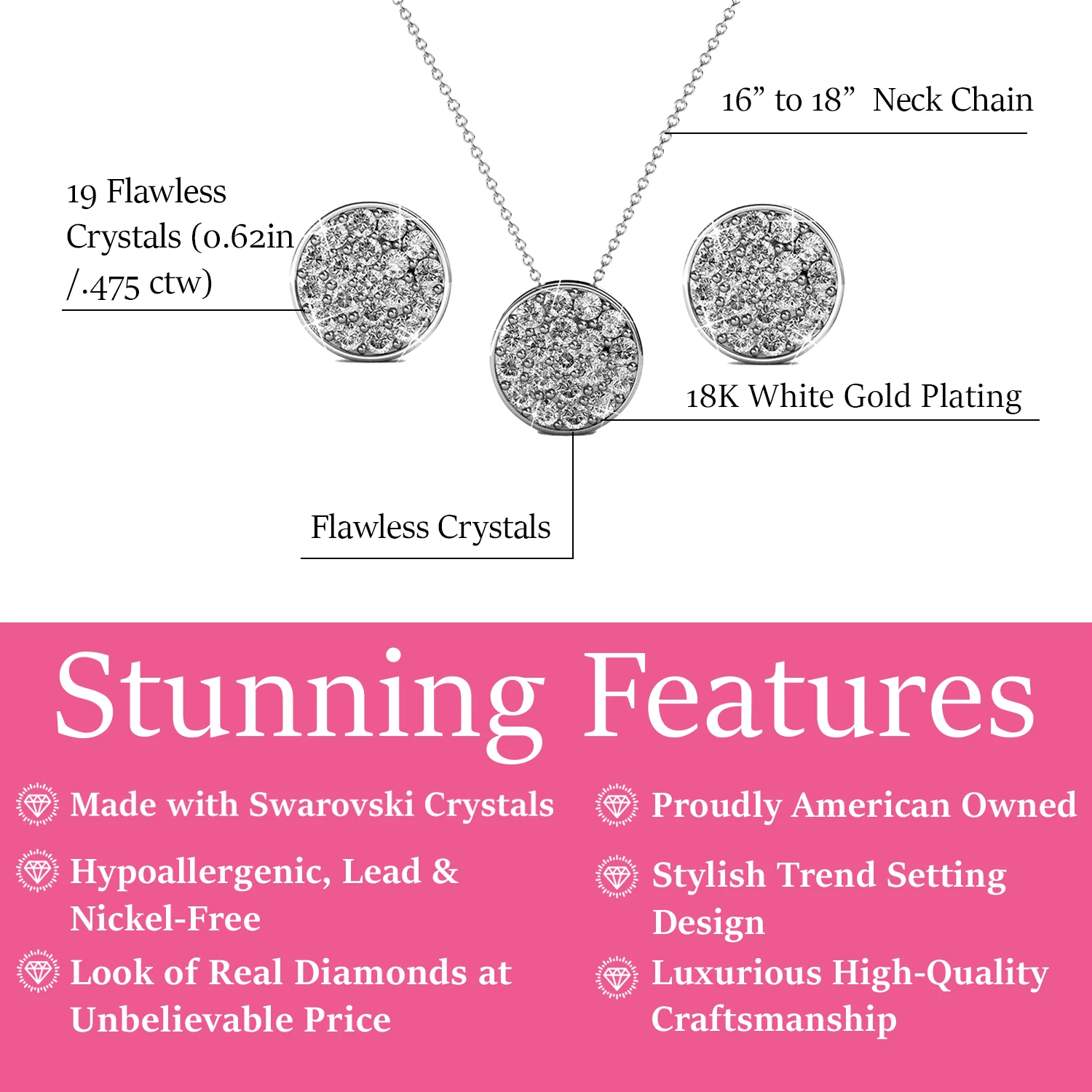 Nelly 18k White Gold Pave Stud Necklace and Earrings Jewelry Set with Swarovski Crystals - Image 3