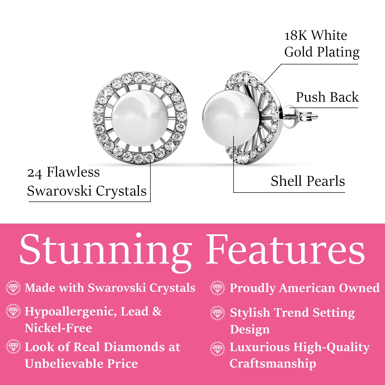 Nina 18k White Gold Plated Pearl Halo Stud Earrings with Swarovski Crystals - Image 3