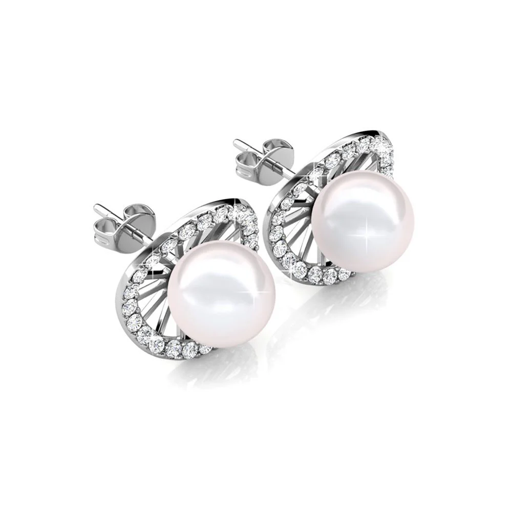 Nina 18k White Gold Plated Pearl Halo Stud Earrings with Swarovski Crystals - Image 6