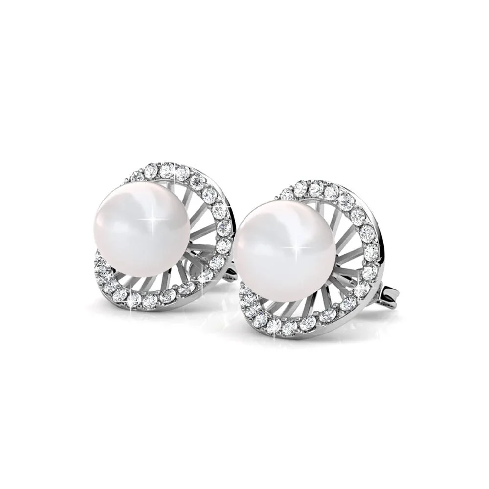 Nina 18k White Gold Plated Pearl Halo Stud Earrings with Swarovski Crystals - Image 7