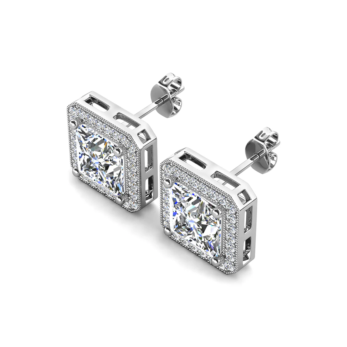 Norah 18k White Gold Plated Princess Cut Halo Stud Earrings with Simulated Diamond Crystals - Image 9