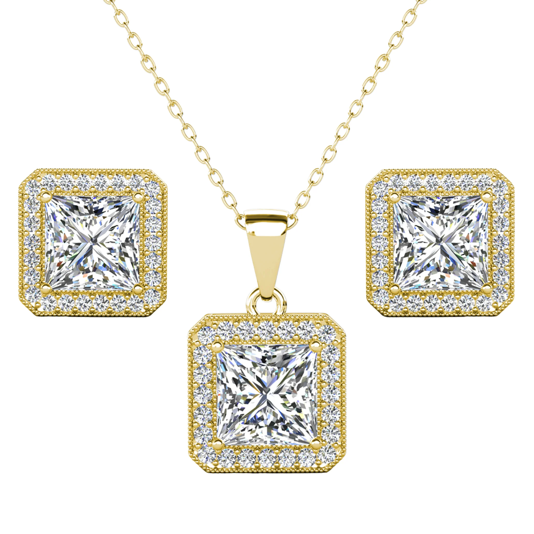 Norah 18K White Gold Princess Cut Halo Necklace and Earrings Jewelry Set with Simulated Diamond Crystals - Image 10