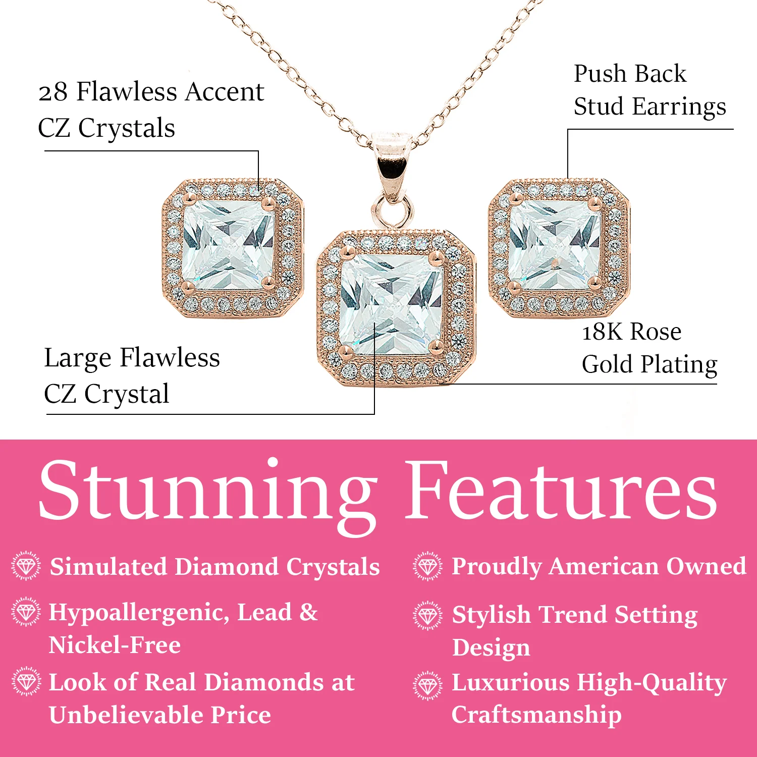 Norah 18K White Gold Princess Cut Halo Necklace and Earrings Jewelry Set with Simulated Diamond Crystals - Image 13