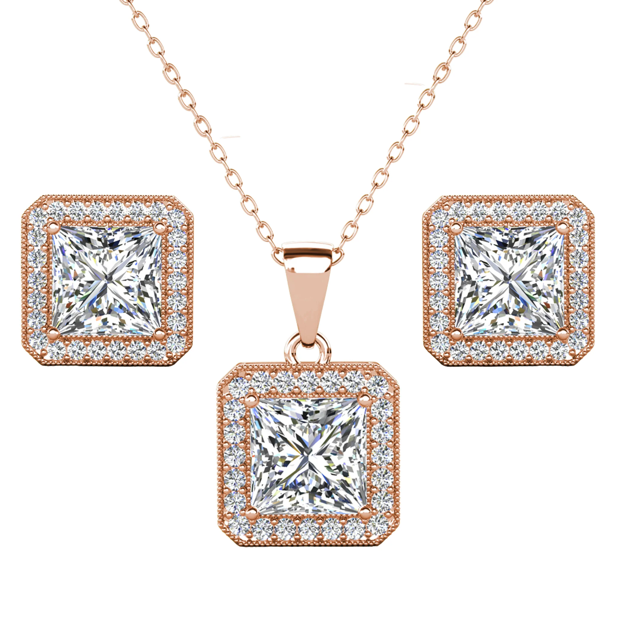 Norah 18K White Gold Princess Cut Halo Necklace and Earrings Jewelry Set with Simulated Diamond Crystals - Image 15