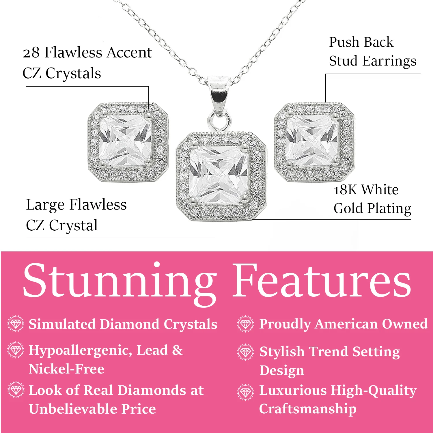 Norah 18K White Gold Princess Cut Halo Necklace and Earrings Jewelry Set with Simulated Diamond Crystals - Image 3