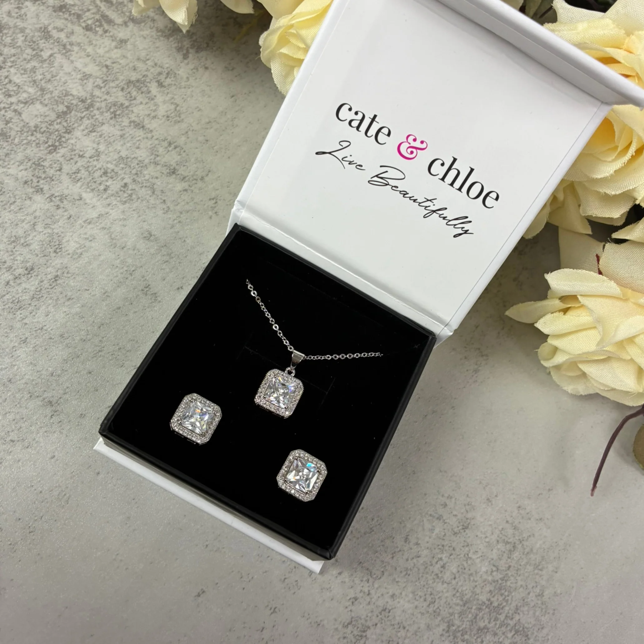 Norah 18K White Gold Princess Cut Halo Necklace and Earrings Jewelry Set with Simulated Diamond Crystals - Image 6