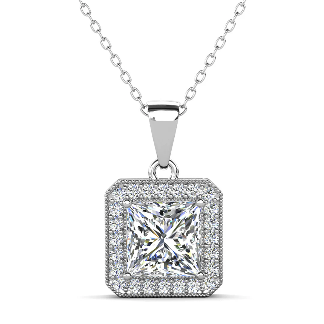 Norah 18K White Gold Princess Cut Halo Necklace and Earrings Jewelry Set with Simulated Diamond Crystals - Image 7
