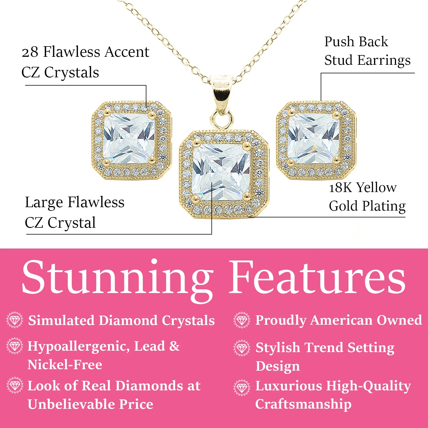 Norah 18K White Gold Princess Cut Halo Necklace and Earrings Jewelry Set with Simulated Diamond Crystals - Image 9
