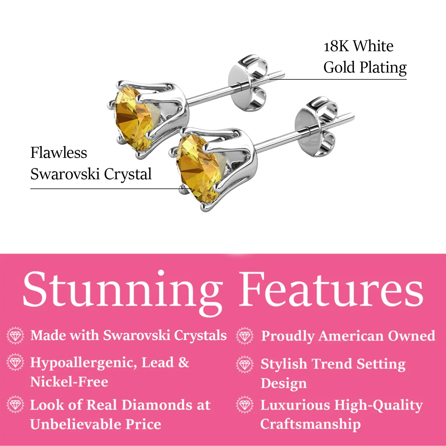 November Birthstone Citrine Earrings 18k White Gold Plated Stud Earrings with 1CT Swarovski Crystal - Image 2