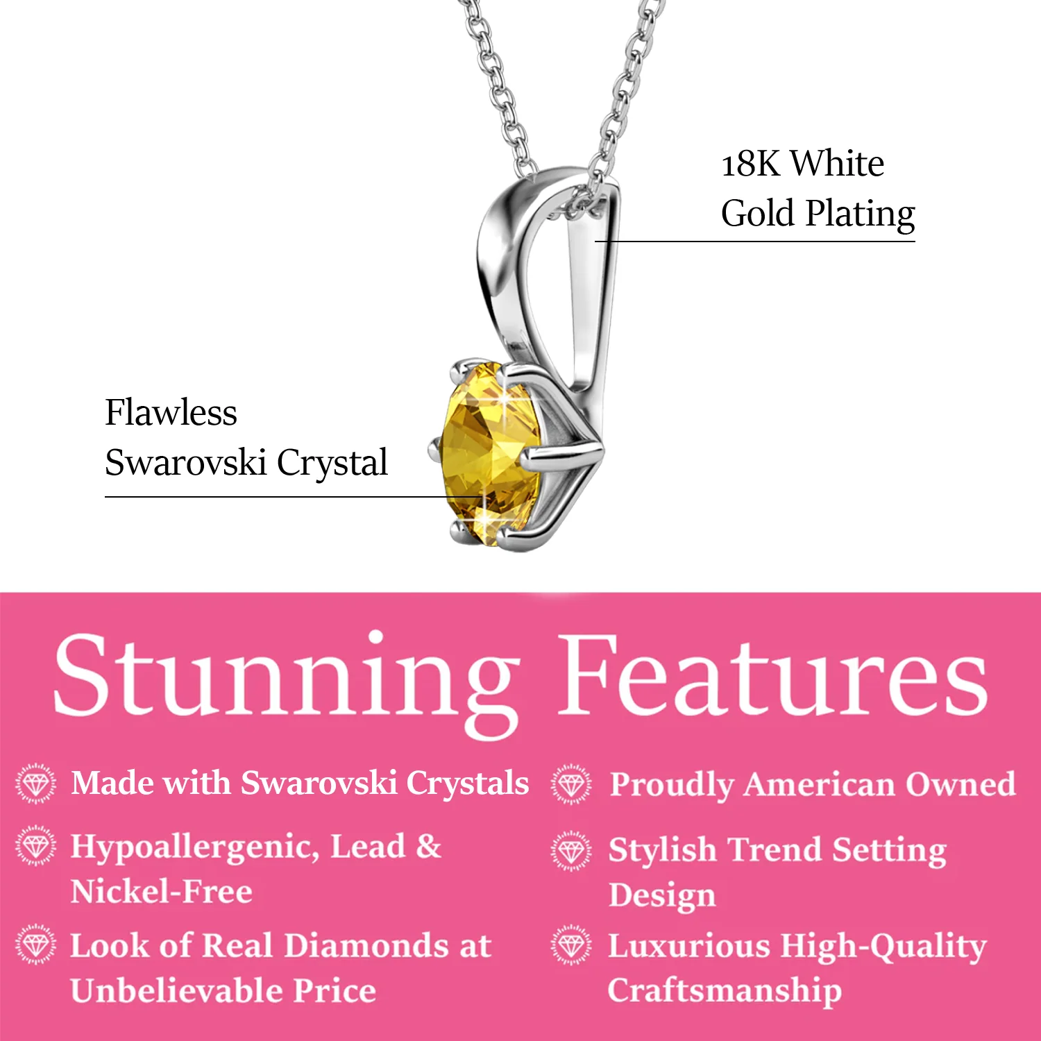 November Birthstone Citrine Necklace 18k White Gold Plated Solitaire Necklace with 1CT Swarovski Crystal - Image 2