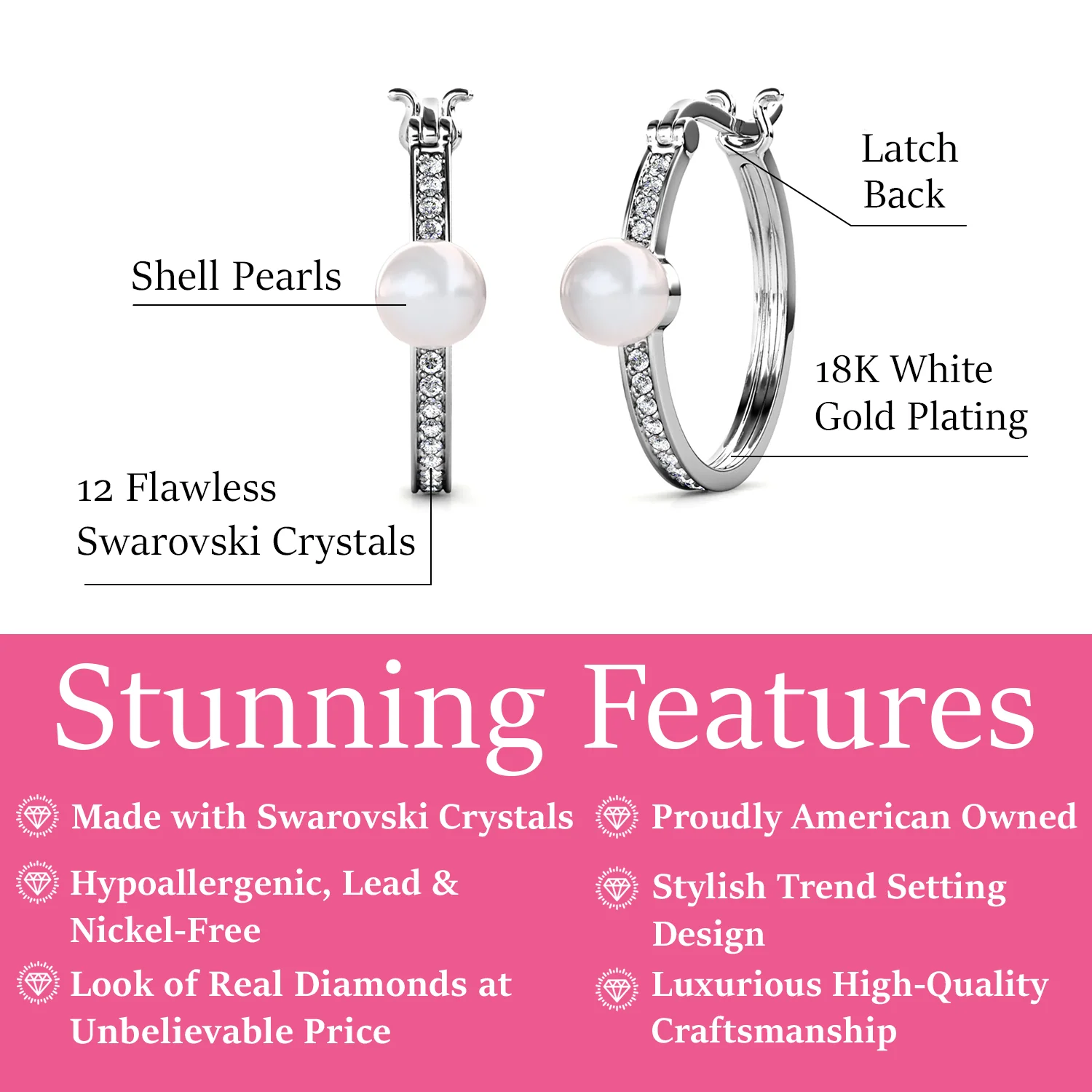 Nyla 18k White Gold Plated 22mm Pearl Hoop Earrings with Swarovski Crystals - Image 3