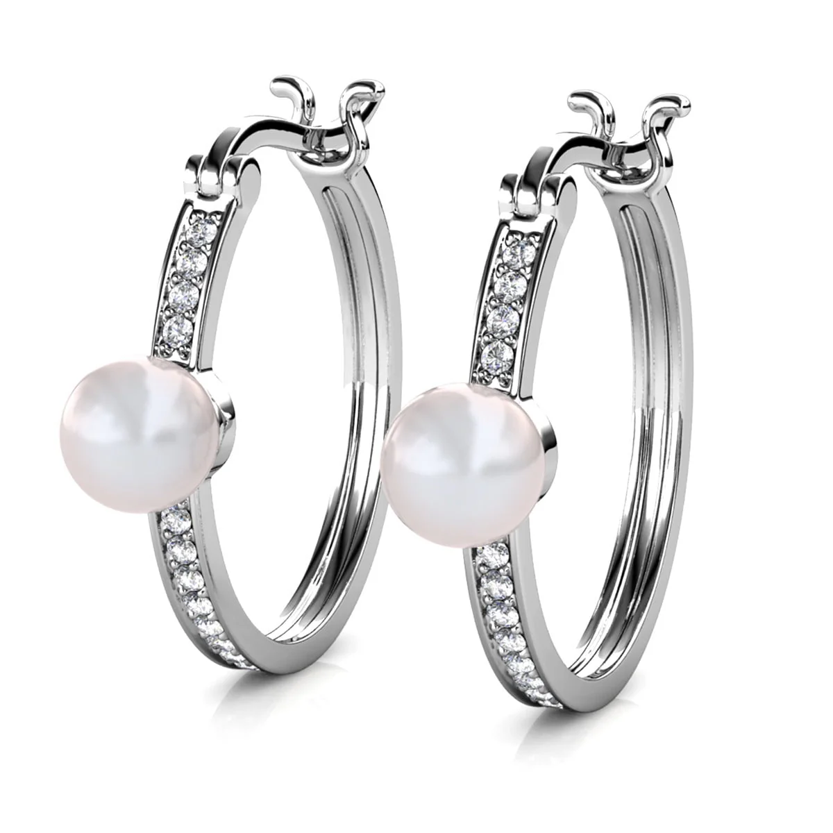 Nyla 18k White Gold Plated 22mm Pearl Hoop Earrings with Swarovski Crystals - Image 9