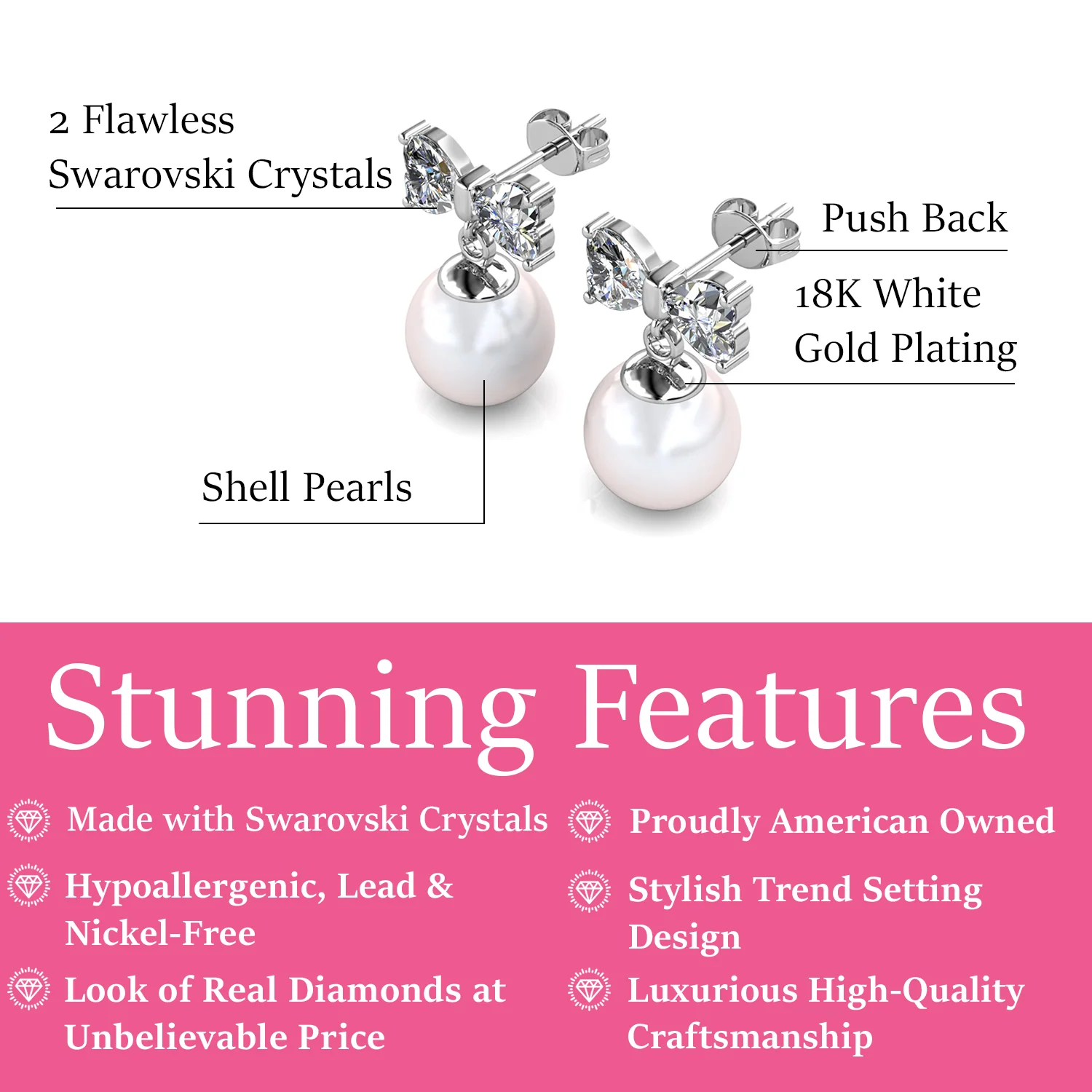 Oakley 18k White Gold Plated Silver Drop Pearl Earrings with Swarovski Crystals - Image 3
