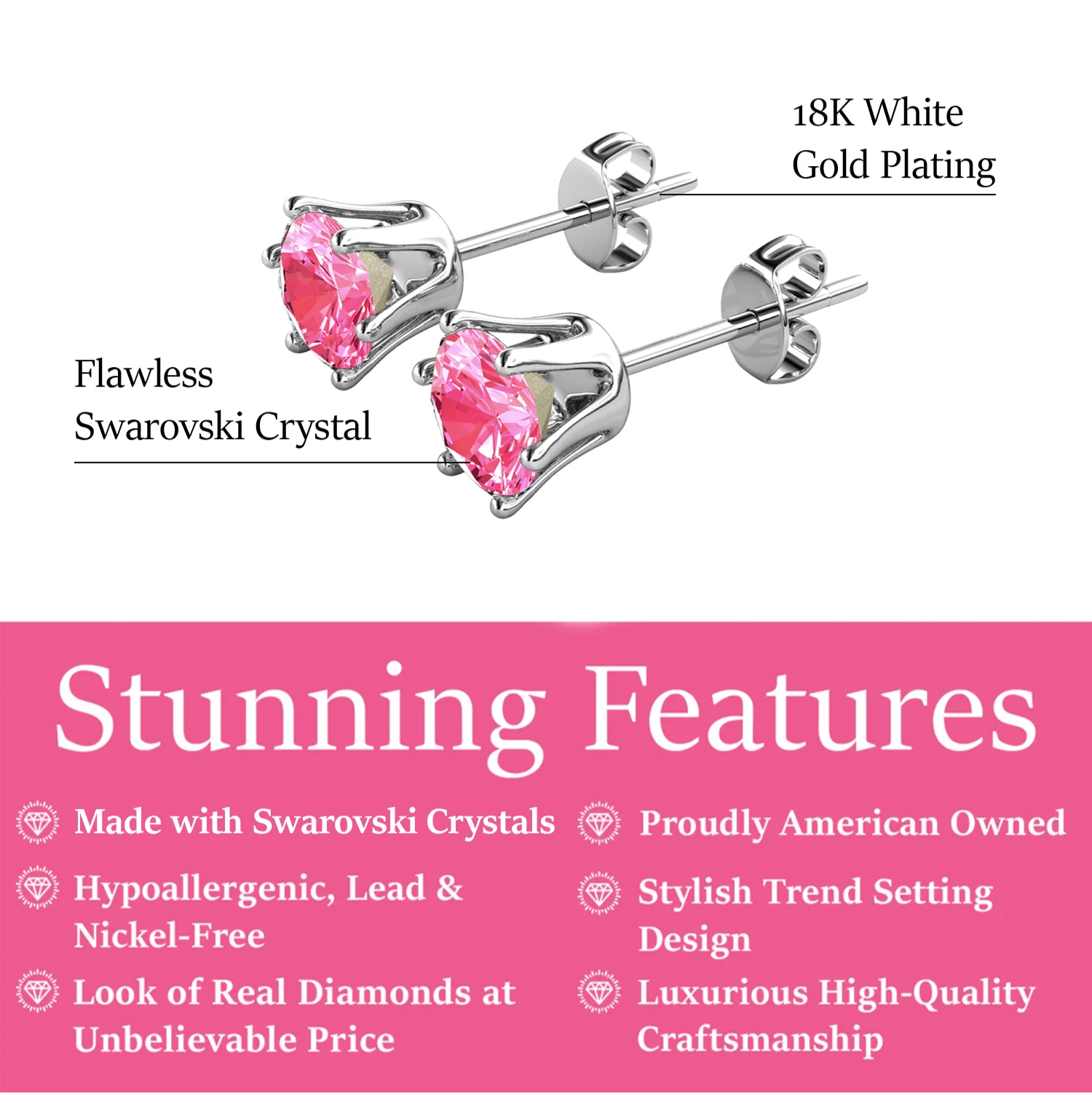 October Birthstone Pink Tourmaline Earrings 18k White Gold Plated Stud Earrings with 1CT Swarovski Crystal - Image 2