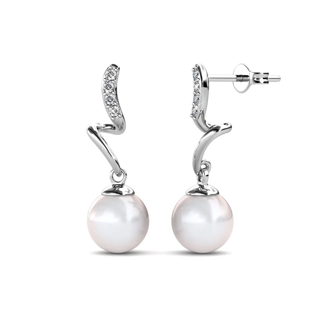 Ophelia 18k White Gold Plated Dangle Pearl Earrings with Swarovski Crystals