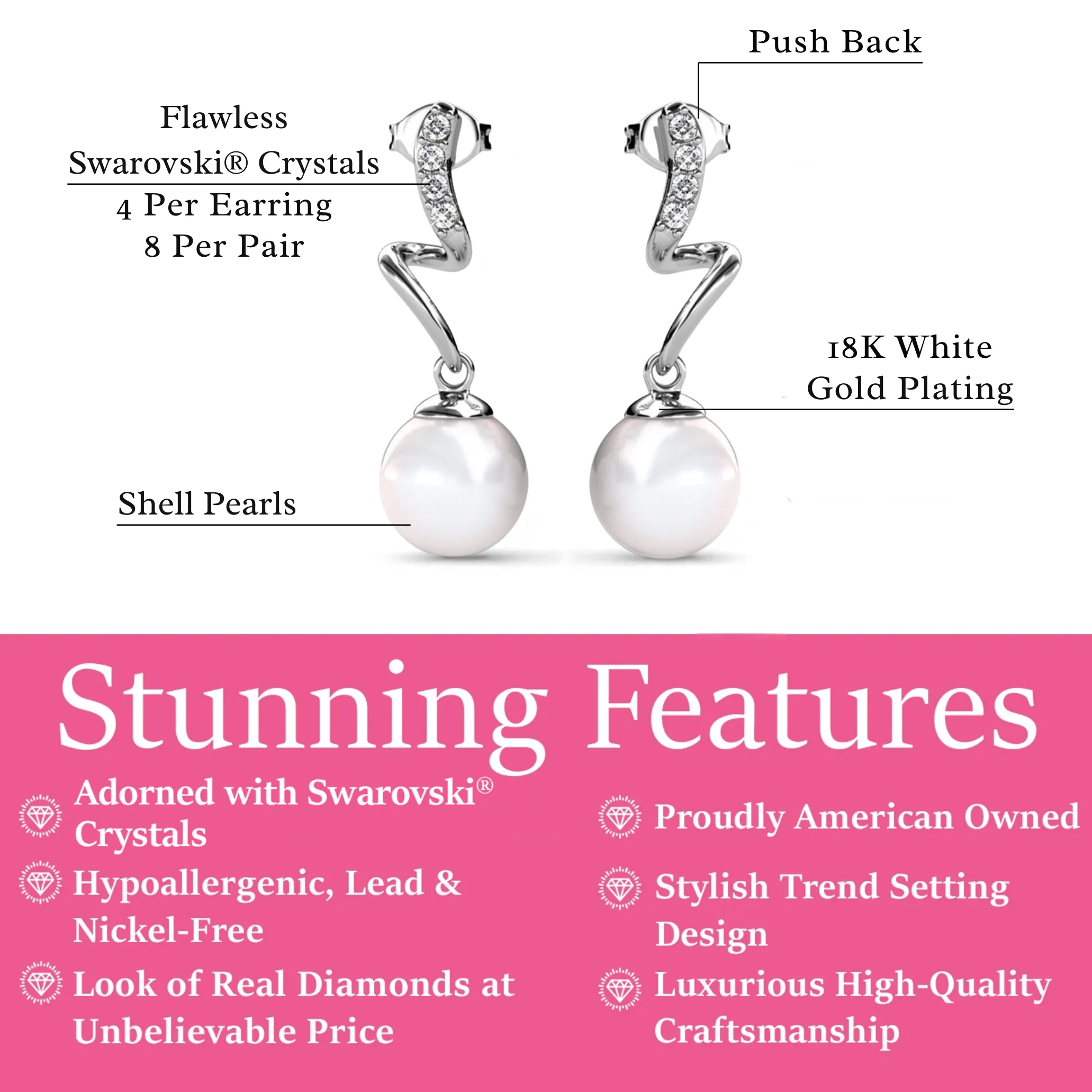 Ophelia 18k White Gold Plated Dangle Pearl Earrings with Swarovski Crystals - Image 3