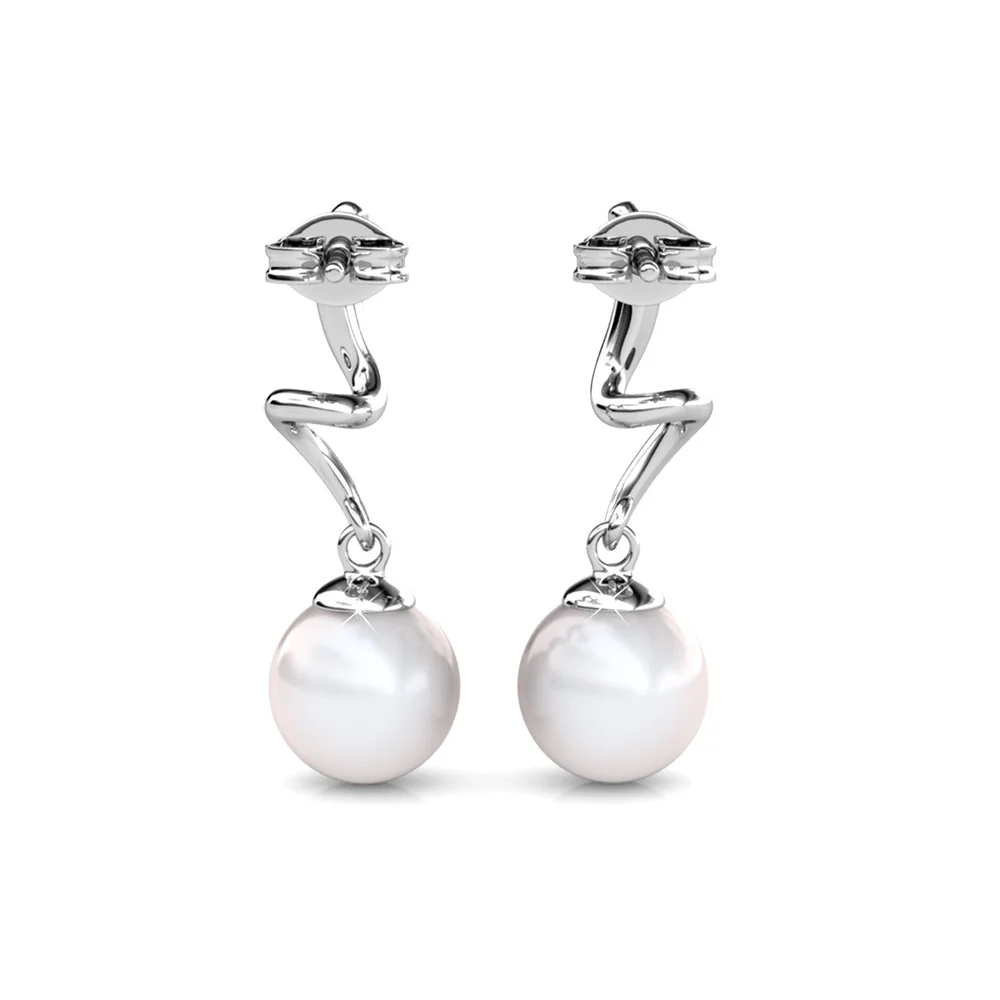 Ophelia 18k White Gold Plated Dangle Pearl Earrings with Swarovski Crystals - Image 8
